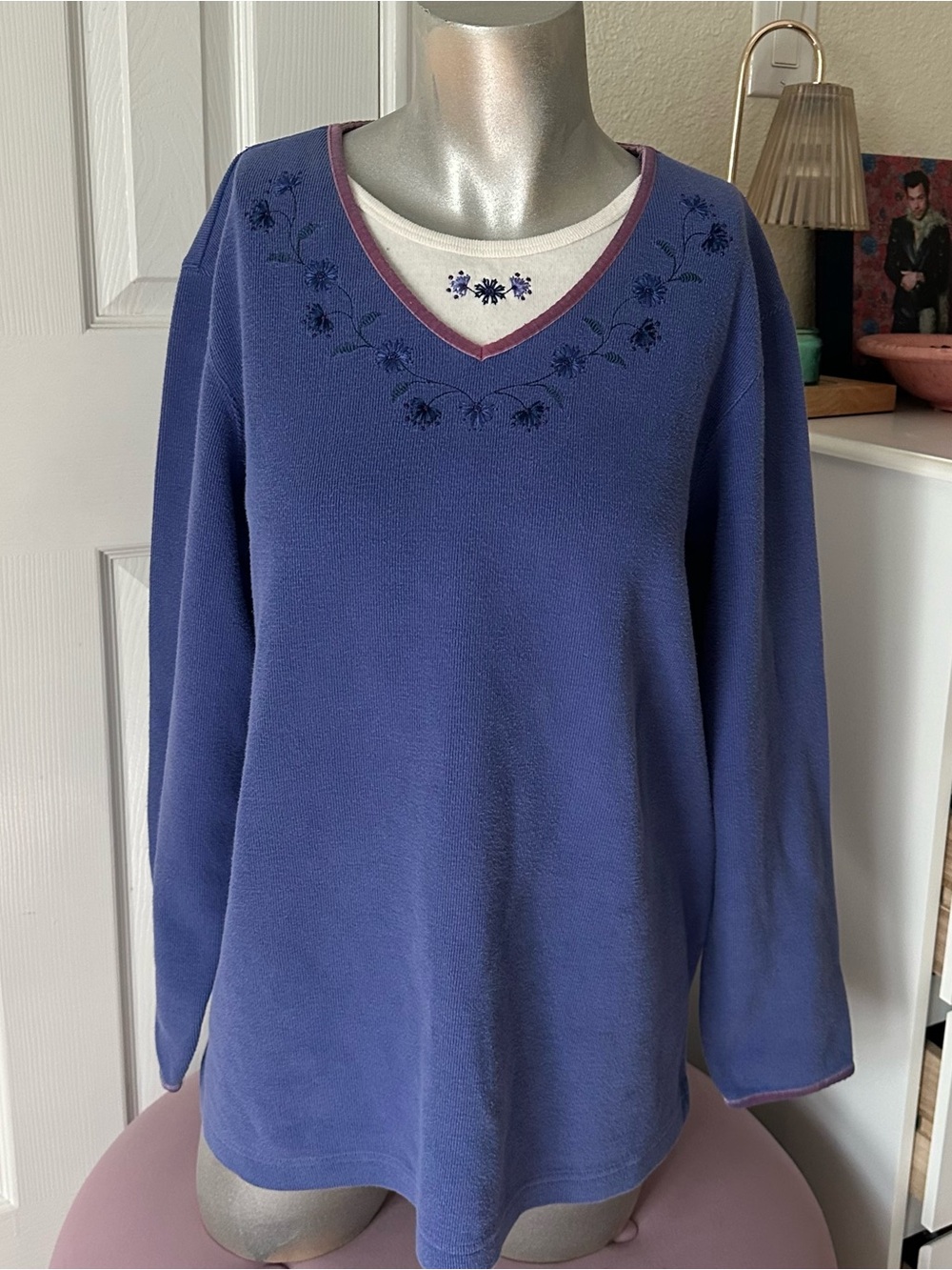 Classic Elements Lavender-Blue V-Neck Sweater with Embroidered Neckline